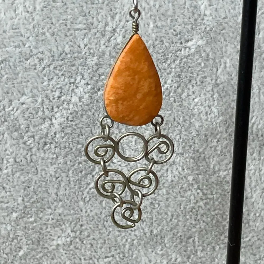 Vintage artist drop earrings silver orange wire chandelier